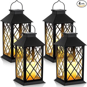 lot P-363 image: 4 Pack Solar Hollow Lanterns Outdoor, Waterproof Patio Hanging Lanterns with LED Flickering Flameless Candle Lights, Decorative Solar Lantern for Porch, Garden, Patio, Yard, Table