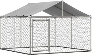 lot S-252-BL image: Heavy Duty Outdoor Dog Kennel, Large Dog Cage Galvanized Steel Dog Fence Dog Playpen House, Pet Kennel with Waterproof UV-Resistant Cover, Metal Mesh, Secure Lock (118 L x 118 W x 71 H)