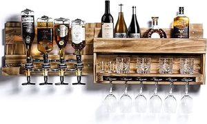 lot H-2-BL image: Wine Rack Wall Mounted Wood Alcohol Shelf with Bottles Stemware Glass Holder Rustic Whiskey Display Storage with 4-Bottle Liquor Dispenser for Home Bar Kitchen Decor (Regular Without LED)