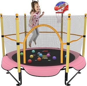 lot K-165-BL image: 5FT Trampoline for Kids Toddler Indoor Trampoline with Safety Enclosure Net, Mini Basketball Hoop, Jumping Mat for Home Entertainment Equipment Outdoor Backyard Games