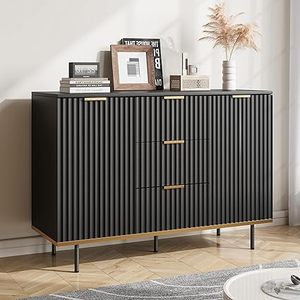 lot L-214-BL image: Buffets & Sideboards, Fluted Sideboard Cabinet, 2 Door 3 Drawer Design, Acceent Black Sideboard - Elegant Cabinet Ideal for Dining Room and Kitchen Storage 47.2 inch