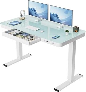 lot O-243-BL image: Furmax Electric Glass Standing Desk with Drawer 48 x 24 Inch Adjustable Height Stand up Desk One-Piece Board Pre-Assembled Home Office Computer Desk with USB Ports, Glass Top