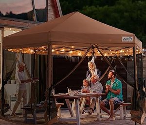 lot P-259-BL image: Quictent 12 x 12Hexagonal Pop up Canopy Tent with Mosquito Netting, Instant 6-Sided Screen House Room Tent Easy Set up, LED Lights Inclued(Tan)