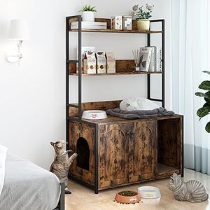 lot L-158-BL image: TrailBlaze Litter Box Enclosure with Shelves, Wooden Hidden Cat Litter Box Enclosure Furniture with 2 Door, Indoor Cat Sanctuary House with Scratch Pad, Storage Cabinet Display Rack, Brown