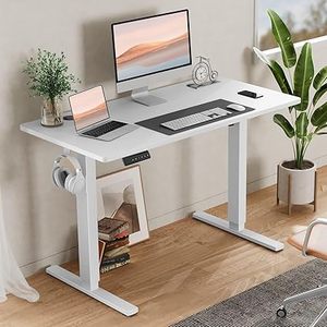 lot O-271-BL image: Electric Adjustable Height Standing Desk - 40 x 24 inch Sit to Stand Up Desk with Splice Board, Rising Home Office Computer Table with 2 Hook and Wire Hole for Work