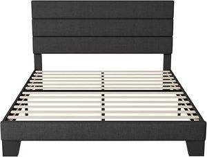 lot B-155-BL image: ROOMTEC Queen Size Platform Bed Frame with Fabric Upholstered Headboard and Wooden Slats Support, No Box Spring NeededEasy Assembly, Dark Grey