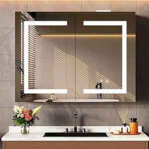 lot B-120-BL image: Bathroom Medicine Cabinet with Mirror and LED Light, Wall Mount Medicine Cabinet with Defogging, Adjustable Shelves, Memory Dimmable 3 Color Temp, Built-in Power Outlets, 31.5x23.6x5.9