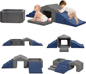 lot K-29-BL image: Soft Play Climb and Crawl Activity Playset,Foam Climbing Building Blocks for Toddlers with Ball Pit - Baby Crawling & Sliding Gym Equipment Indoor Active Playing for Preschool,6 Pcs (gray & blue)