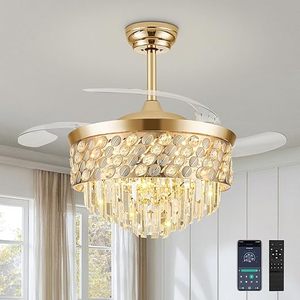 lot L-86-BL image: Fandelier Ceiling Fan with Light, 42 Retractable Ceiling Fan with Lights Crystal Chandelier Fan, LED Dimmable Ceiling Fan Chandeliers for Bedroom Living Room, DC Motor, 6 Wind Speed - Gold