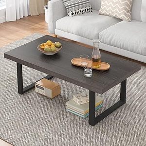 lot L-116-BL image: Rustic Coffee Table, Wood and Metal Simple Industrial Modern Center Table, Minimalist Rectangle Wooden Farmhouse Cocktail Table for Living Room, Dark Gray Oak, 47 Inch