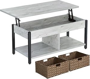 lot L-122-BL image: Coffee Table Lift Top, Coffee Table with Hidden Storage Compartment and 2 Rattan Baskets, 41.7 Retro Central Table with Wooden Lift Tabletop and Metal Frame for Living Room, Grey