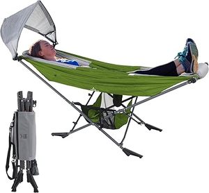 lot P-69-BL image: Portable Hammock with Stand, Worlds Best Mock ONE Hammock, Compact Folding Framed Hammock with Adjustable Sunshade Canopy for Indoor, Outdoor, Park, Backpacking, Camping, Hiking, Travel, Beach-Green