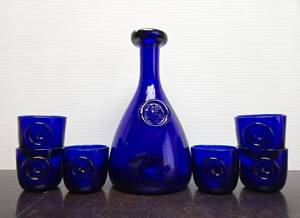 lot 67 image: Mid Century Danish Modern Viking Cobalt Blue Decanter & Glasses by Ole Winther for Kastrup Holmegaard