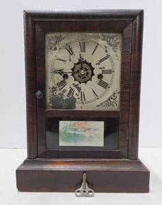 lot 81 image: Antique 19th C Reverse Painted Waterbury Mantel Clock
