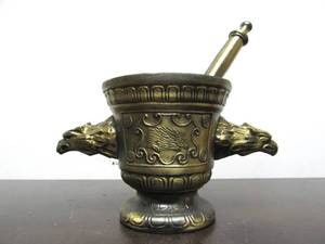 lot 35 image: Vintage Solid Brass Pharmacy Mortar & Pestle Set #4