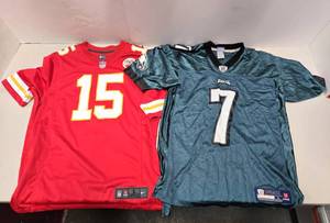 lot 159 image: Nike Patrick Mahomes Chiefs Jersey & NFL Equipment Michael Vick Eagles Jersey - Both Size L 