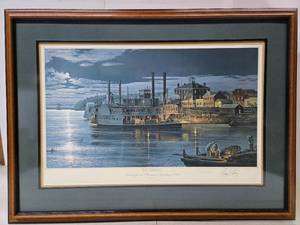 lot 161 image: Very Nice Framed Signed Numbered Riverboat Print by Gary Lucy - The Desmet - Overnight at Hermann Landing, 1873