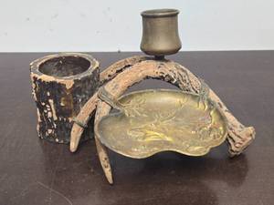 lot 265 image: Antique Old Western Brass Ashtray wDeer Antler & Cigarette Holders
