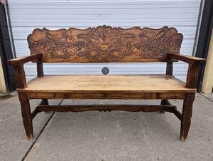 lot 331 image: Very Nice Large Old Hand Carved Hungarian Folk Art Bench