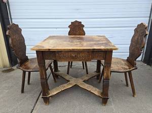 lot 333 image: Hand Carved Hungarian Folk Art Farmhouse Table & 3 Chairs