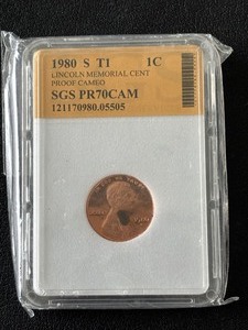 lot 8 image: 1980-S Lincoln Memorial Cent Proof SGS PR70 Cameo