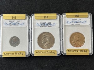 lot 12 image: 2003-P SGS MS70 Dollar, Half Dollar, and Dime
