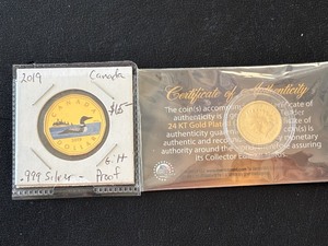 lot 189 image: 2019 .999 Fine Silver Colored Loonie Dollar Proof and Gold Plated 1895 Indian Head Cent