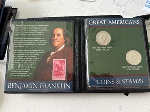 lot 155 image: Franklin Half Dollars and Stamp Set