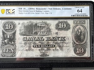 1850's $10 Dollar Canal Bank New Orleans PCGS Choice Uncirculated 64