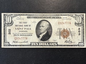 lot 2 image: 1929 Brown Seal $10 Dollar National Currency Saint Paul Triple 7s