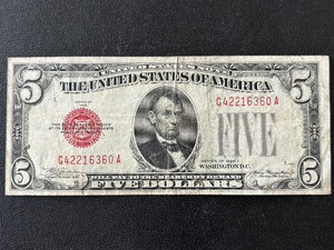 lot 37 image: 1928 C Red Seal $5 Dollar Note