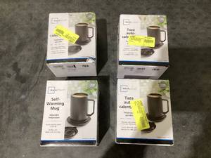 lot 652 image: LOT OF 4 Mainstays Warming Coffee Mug, 12oz. Stainless Steel Coffee Mug with Mug Warmer Coaster and Lid