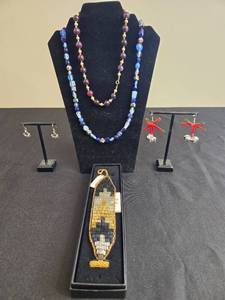 lot 12 image: Set of Beaded Jewelry Bead Necklace, Earrings, and Hand-Woven Bracelet - display not inc
