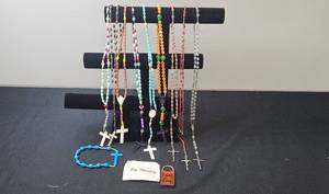 lot 62 image: Collection of Rosary Beads with Prayer Card and Iconic Pendant - display not inc