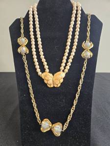 lot 67 image: Vintage Butterfly Motif Pearl Like Necklace and Earring Set & More - display not inc