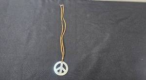 lot 70 image: Sterling Silver Clasp w Peace Sign Pendant Necklace & Leather Chain