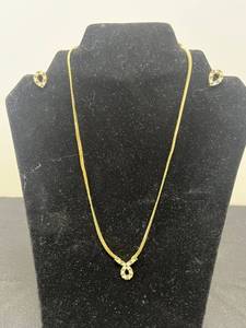lot 130 image: Elegant Gold Tone Necklace and Earrings Set with Blue and Clear Stones - display not inc