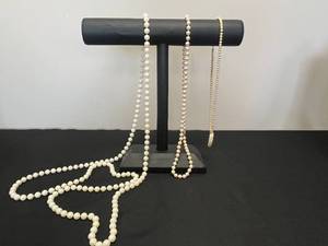 lot 157 image: Collection of Pearl Tone Necklaces with Heart Pendant - display not inc