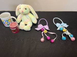 lot 164 image: Decorative Collection with Plush Bunny, Mug, Scented Candle, and Door Jingle Bells