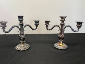 lot 165 image: Pair of Antique Three-Arm Silver Plated Candelabras