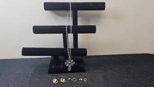 lot 78 image: Avon Vintage Jewelry Set with Cross Pendant Necklace and 3 Pairs of Earrings - display not inc