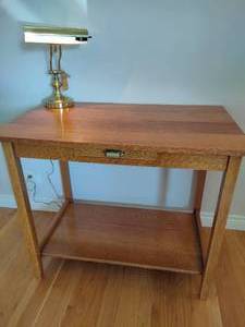 lot 29 image: Antique Mission Oak Library Table with Brass Lamp