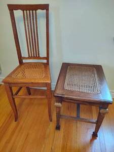 lot 47 image: Caned Wood Stool and 1930 Oak Youth Chair