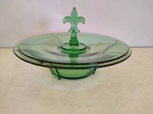 Vintage Fostoria Green Glass Serving Plate & Large Serving Bowl