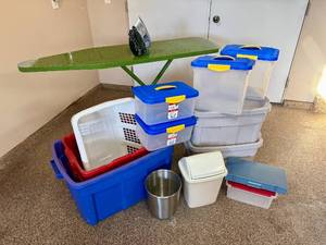 lot 189 image: Laundry Room Items  & Plastic Storage Bins Cool Vintage Ironing Board