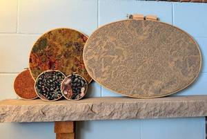 lot 212 image: Wall Art Beautiful Decorative Fabric displayed in Embroidery Hoops