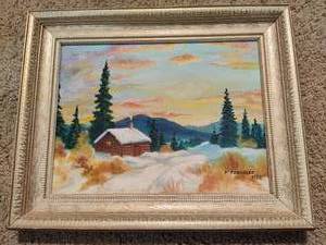 lot 256 image: Painting Featuring a Cabin in the Winter