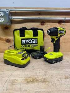 lot 81 image: RYOBI PSBID02K2 ONE HP 18V Brushless Cordless Compact 14 in. Hex Impact Driver Kit with (2) 1.5 Ah Batteries and Charger - B139