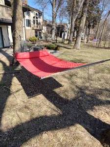 lot 179 image: Hand crafted The Original Pawleys Island Red rope woven hammock with pillow