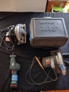 lot 200 image: Power tools, SKILSAW, Black and Decker Sawzaw, and hand saws.